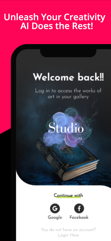 Ai Studio - Art AI - AI Studio Art login screen featuring a magical book artwork and options to sign in with Google or Facebook.