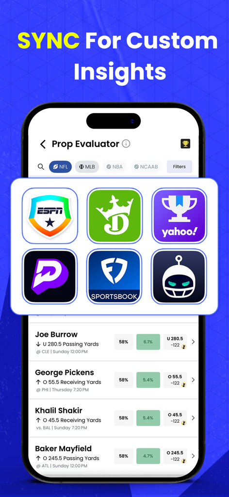 WalterPicks app interface showing fantasy league sync options and AI-driven player prop insights for NFL