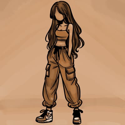 girl in baggy pants crop top and long hair