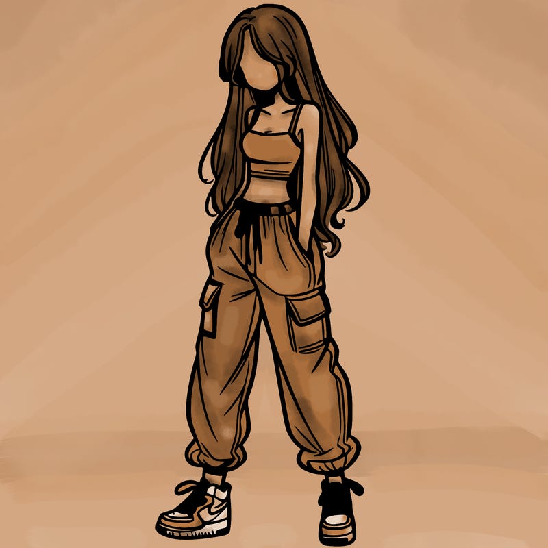 girl in baggy pants crop top and long hair
