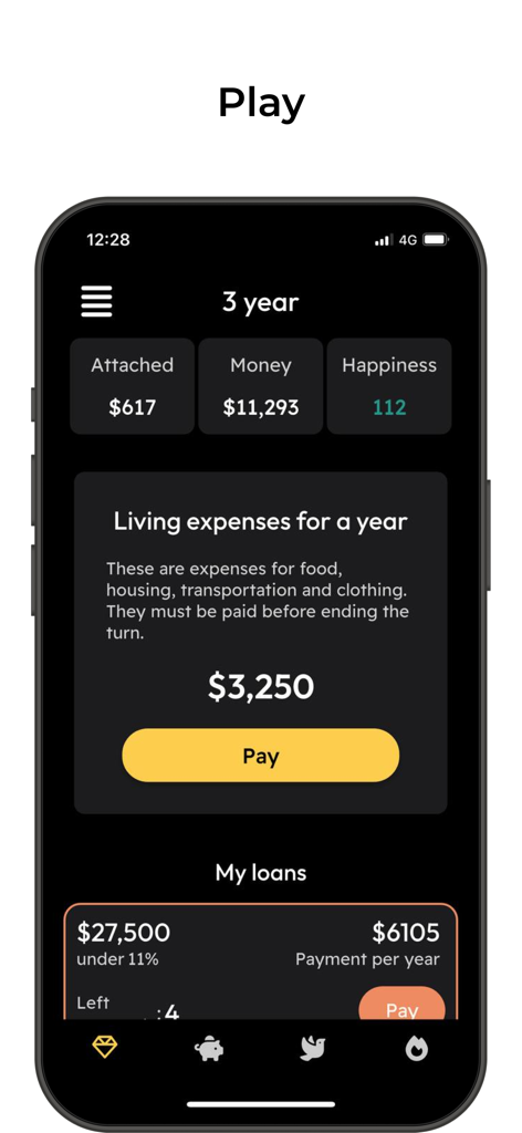 CashFlow Game - Interfaccia dell'app Gioco CashFlow che mostra le spese di vita e i dettagli dei pagamenti dei prestiti.