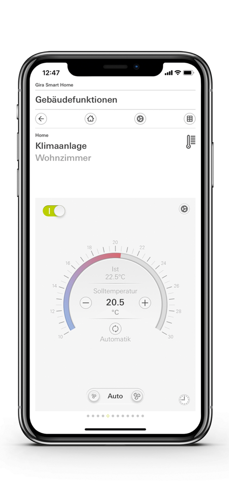 Gira Smart Home app interface showing living room climate and temperature control settings on a smartphone