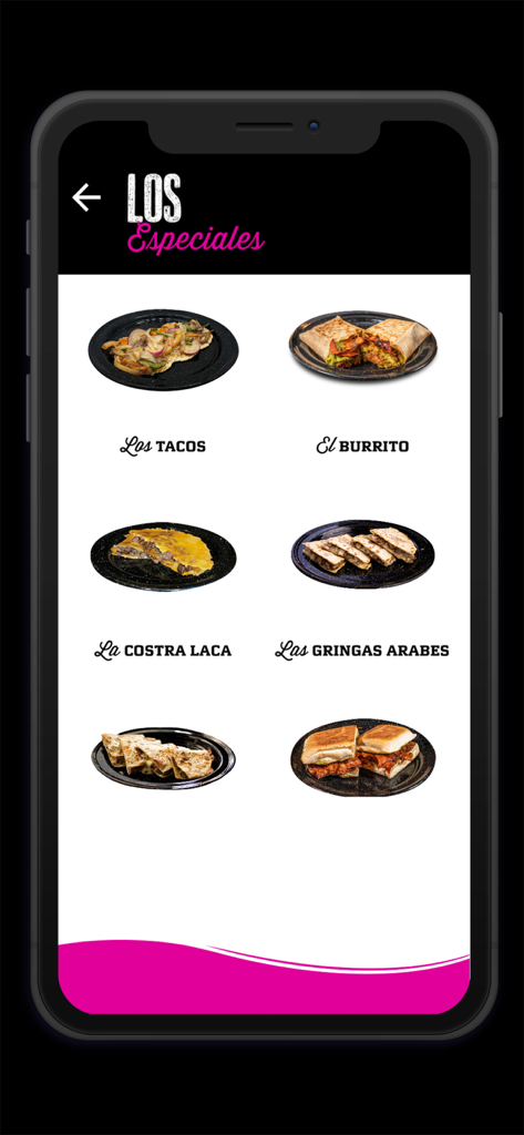 LACA LACA app screen displaying Mexican food specials like tacos and burritos