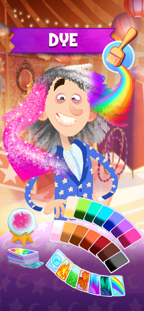 Pantalla creativa de teñido de cabello con colores arcoíris y una herramienta de pincel para un personaje de circo.