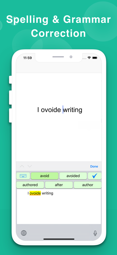 Dyslexia Keyboard - Dyslexia Keyboard app interface showing phonetic spelling and grammar correction for the word avoid