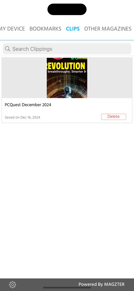 PCQuest - PCQuest app interface displaying the saved clips section with a magazine article clipping from December 2024.