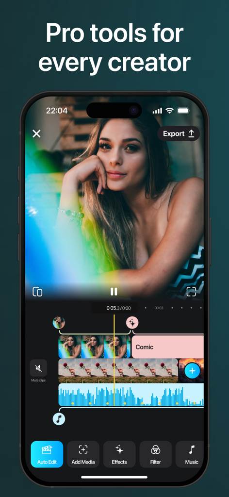 SnapCut: AI Video Editor Maker - SnapCut mobile video editor interface with a professional multi-track timeline and AI editing features