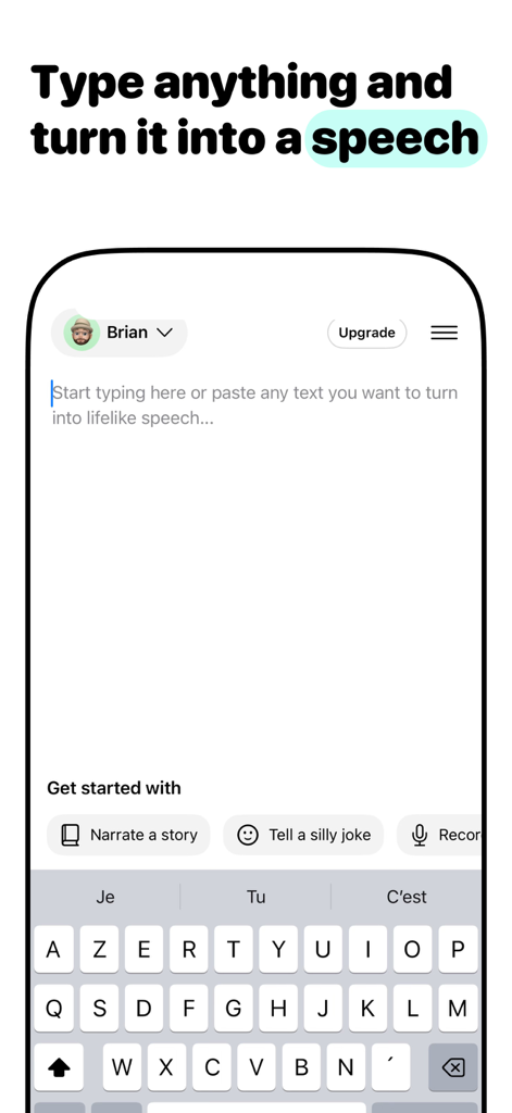 Labs AI : Text to Speech - テキスト入力フィールドと音声選択を備えたLabs AIテキスト読み上げエディタを示すスマートフォンの画面