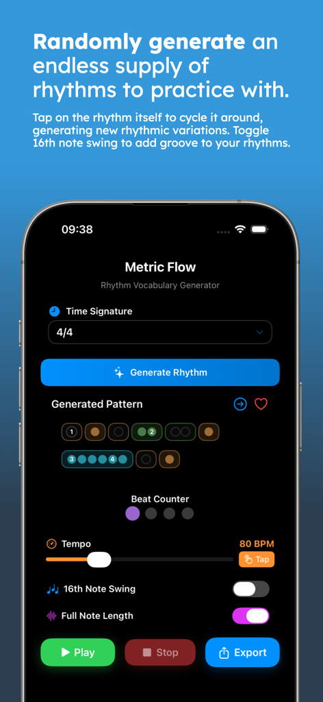 Metric Flow - Interfaz de la aplicación Metric Flow que muestra un patrón de ritmo generado y controles de práctica