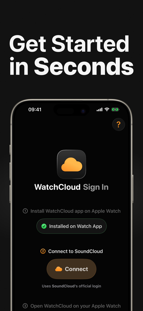 WatchCloud - WatchCloud app onboarding screen on iPhone showing steps to install the app on Apple Watch and connect to a SoundCloud account.