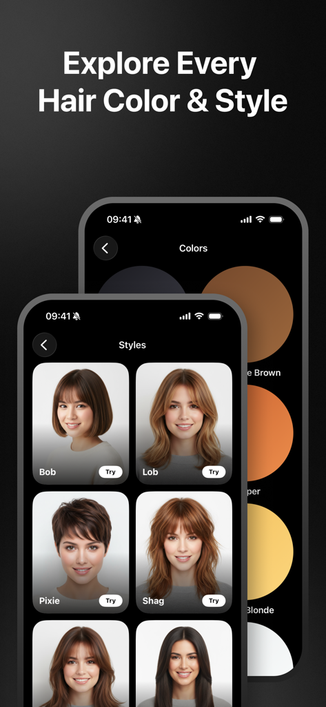 AI Hair Try-On & Color Studio - Una interfaz de aplicación móvil que muestra una variedad de peinados y colores de cabello para probar virtualmente.