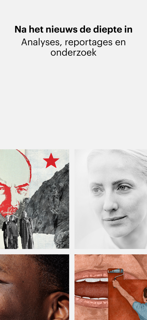 Tela do aplicativo Trouw apresentando texto sobre análise e pesquisa aprofundadas com uma colagem de retratos artísticos.