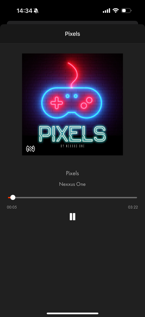 RepostExchange - Promote Music - Screenshot of the RepostExchange music player playing the track Pixels by Nexxus One.