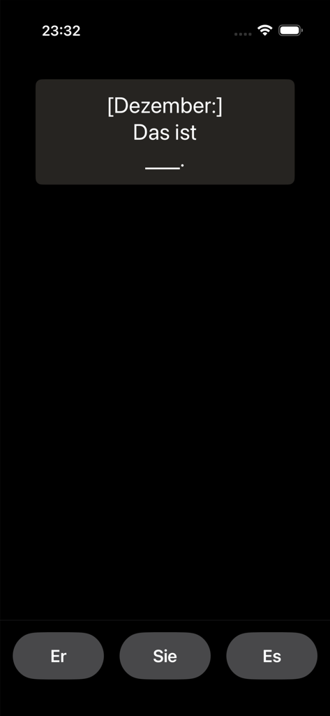 ArtikelMeister - Captura de tela do aplicativo ArtikelMeister mostrando uma tela de prática de pronome alemão para o substantivo dezembro com opções para masculino, feminino e neutro