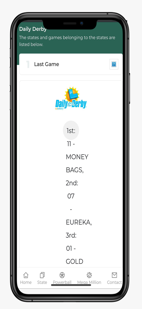 Lotto Results USA - Smartphone screen showing California Daily Derby lottery results including winning positions and names