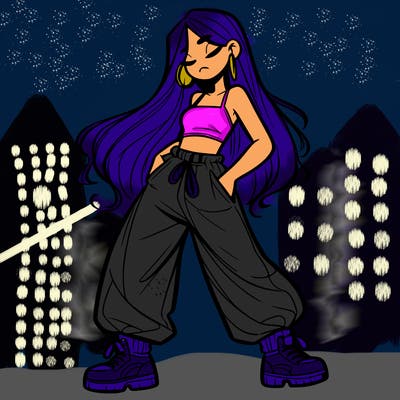 girl in baggy pants crop top and long hair