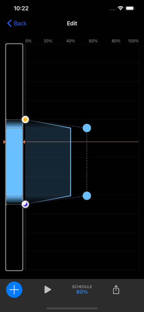 Mobius - Uma interface gráfica de edição de cronograma no aplicativo Mobius mostrando as configurações de ciclo dia e noite para equipamentos de aquário