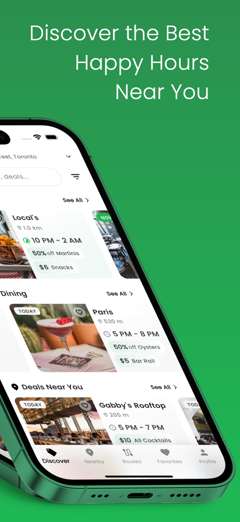 Interfaccia dell'app mobile Happi Hour che mostra varie offerte happy hour locali per bevande e ristorazione.