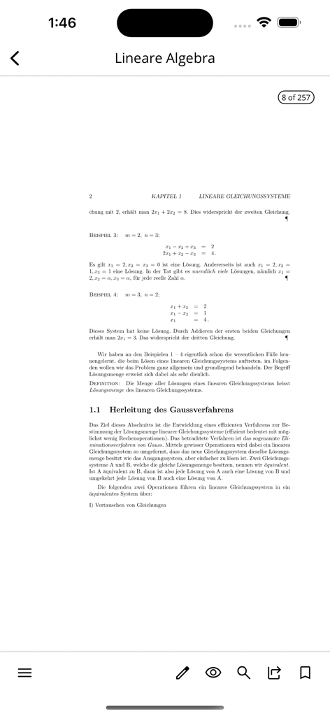 vdf Hochschulverlag - Eine Seite eines Lehrbuchs der linearen Algebra mit Gleichungen und Lernwerkzeugen in der mobilen App von vdf Hochschulverlag.