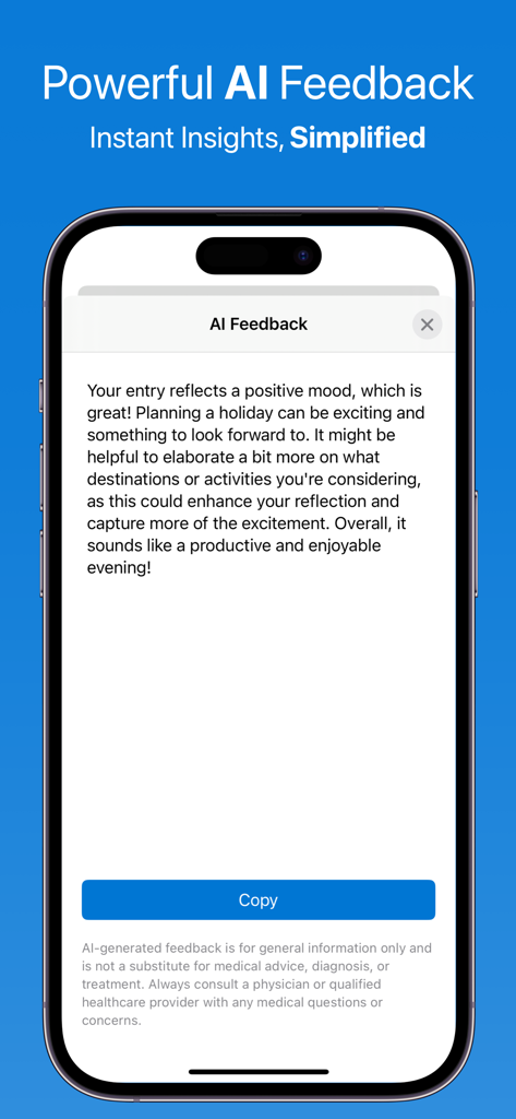 Feeltracker app interface showing AI feedback and personalized emotional insights on a smartphone
