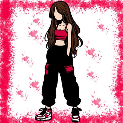 girl in baggy pants crop top and long hair