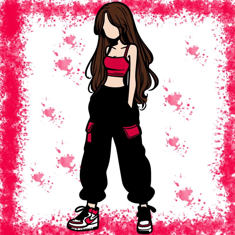 girl in baggy pants crop top and long hair