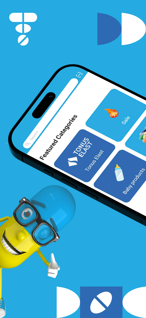 Tonus Online - Tonus Online 모바일 앱 홈 화면, 추천 건강 및 유아용품 카테고리 및 마스코트 표시