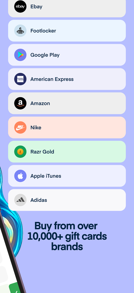 Cardtonic app screen displaying a variety of gift card brands available for purchase