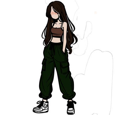 girl in baggy pants crop top and long hair