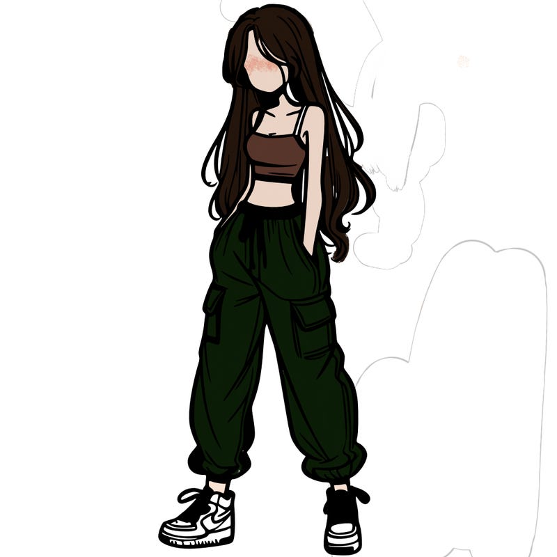 girl in baggy pants crop top and long hair
