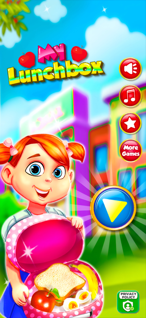 My LunchBox - Cooking Game - A smiling young girl with red pigtails holding a pink polka-dot lunchbox filled with a healthy sandwich and fruit in front of a colorful school