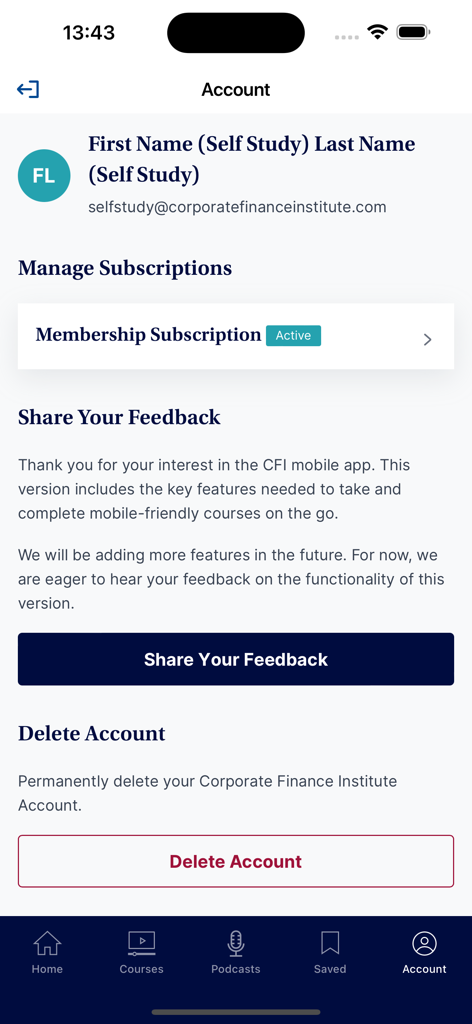 CFI: Real-World Finance - CFI Mobile App-Kontoübersicht mit aktiver Mitgliedschaft und Profiloptionen