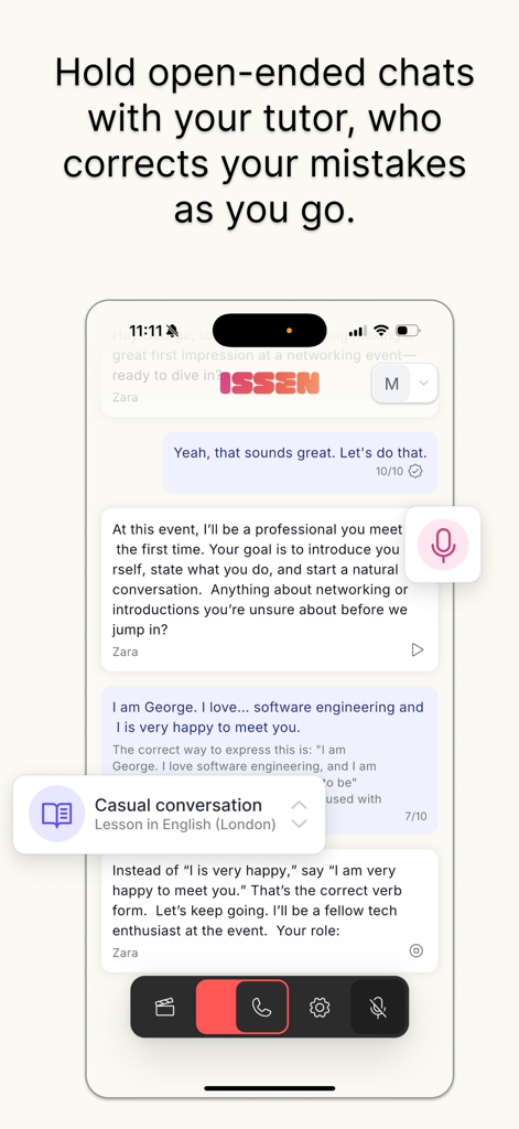 ISSEN - Voice Tutor - Captura de pantalla de la aplicación ISSEN mostrando un tutor IA corrigiendo errores gramaticales durante una conversación de simulación