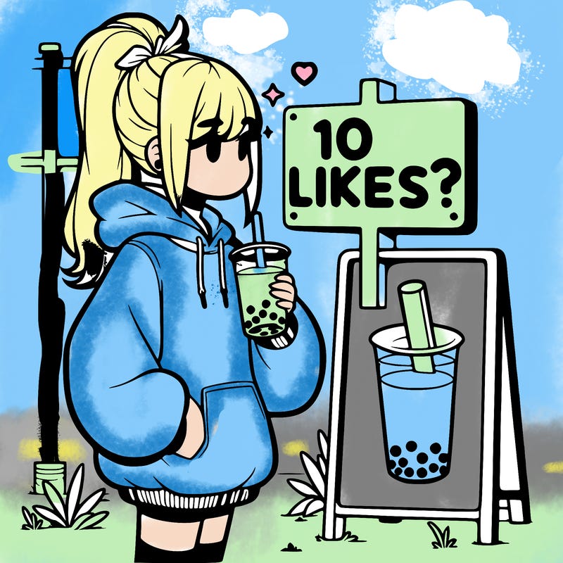 girl with oversized hoodie drinking boba and she has a high ponytail with a sign that says 10likes?