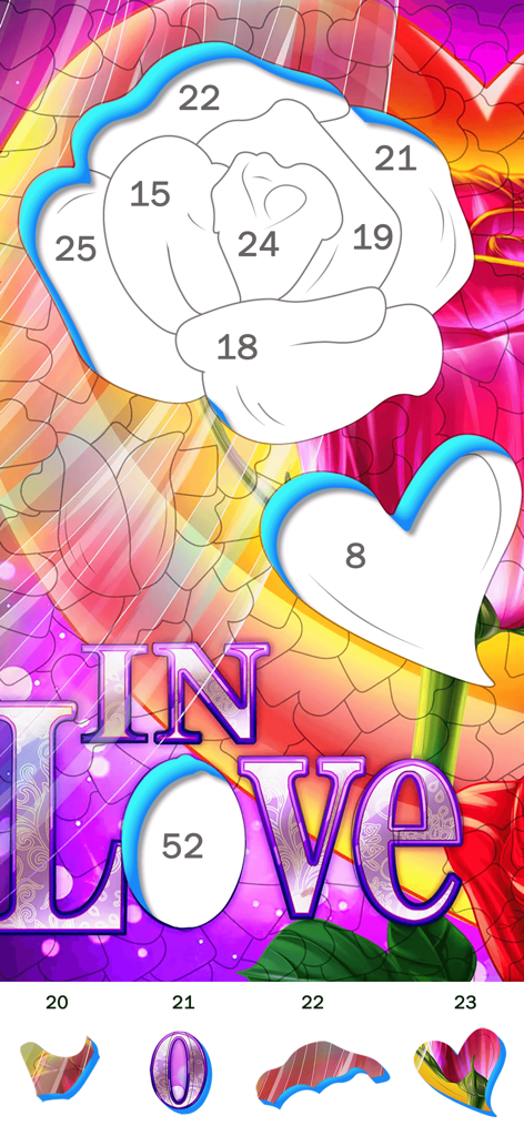 バラとハートが描かれたロマンチックな3D数字塗り絵ジグソーパズル。'In Love'の文字入り。