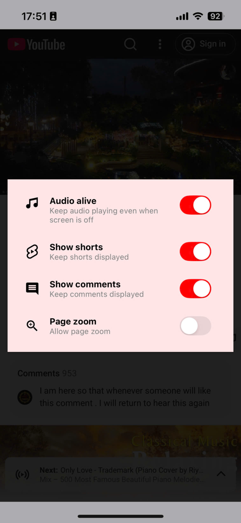VideoTube - Block video ads - VideoTube Einstellungsmenü mit Schaltern für Audio im Hintergrund und zum Anzeigen von Shorts oder Kommentaren
