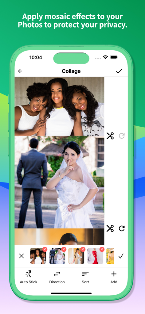 Snap Markup app interface showing the photo stitching and collage feature with a vertical layout of multiple images.