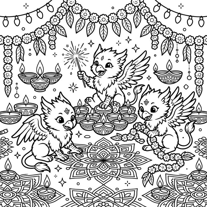 Join three delightful griffin hatchlings as they light up the Festival of Lights! This enchanting coloring page captures the joy of Diwali with mythical creatures and traditional decorations.