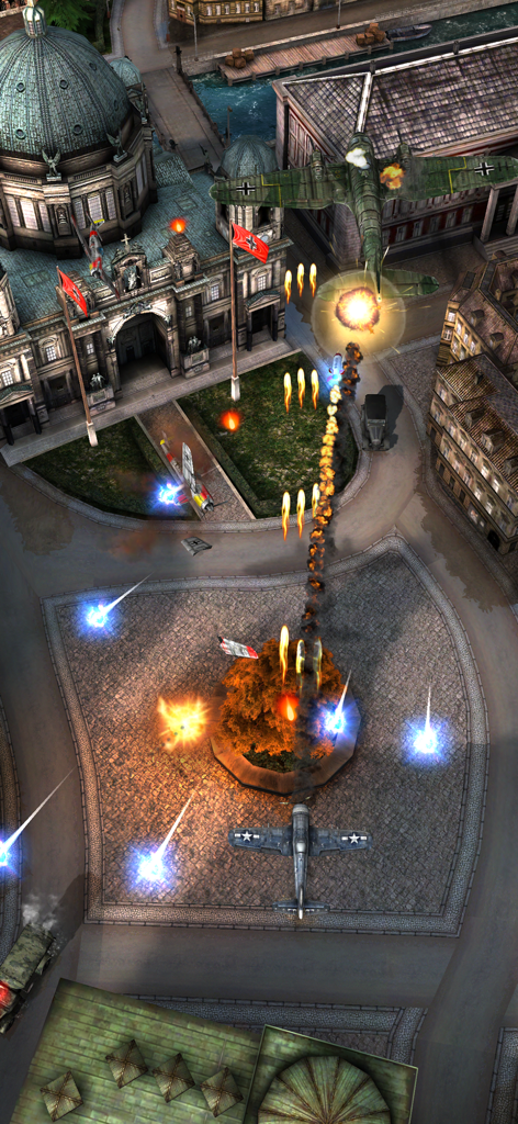 AirAttack 2 - Top-down view of a WW2 plane engaging in aerial combat over a city in AirAttack 2