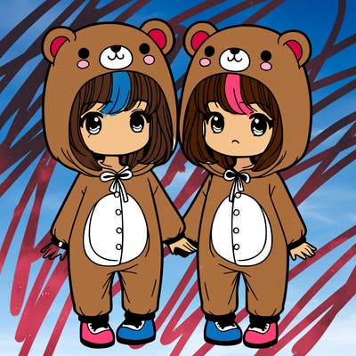 twin sisters dressed up in a teddy bear onesie
