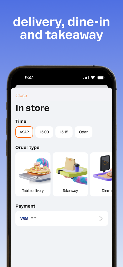 Dodo Pizza Delivery - Dodo Pizza app interface showing options for in-store order types like table delivery takeaway and dine-in with time selection