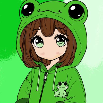 cute realistic girl in a froggy hoodie