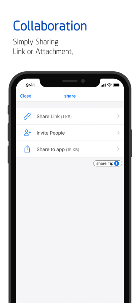 Polaris Office app interface displaying document sharing and collaboration options.
