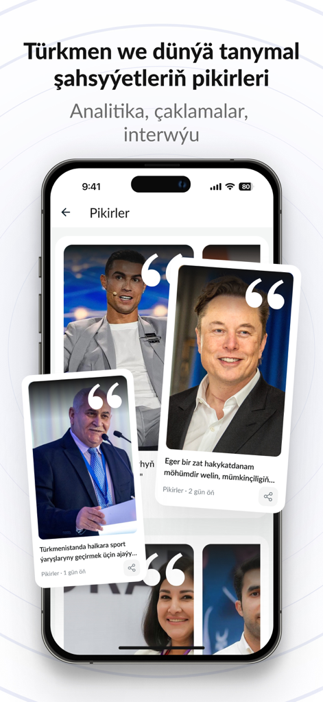Takyk news app interface showing opinions and interviews from world famous figures.