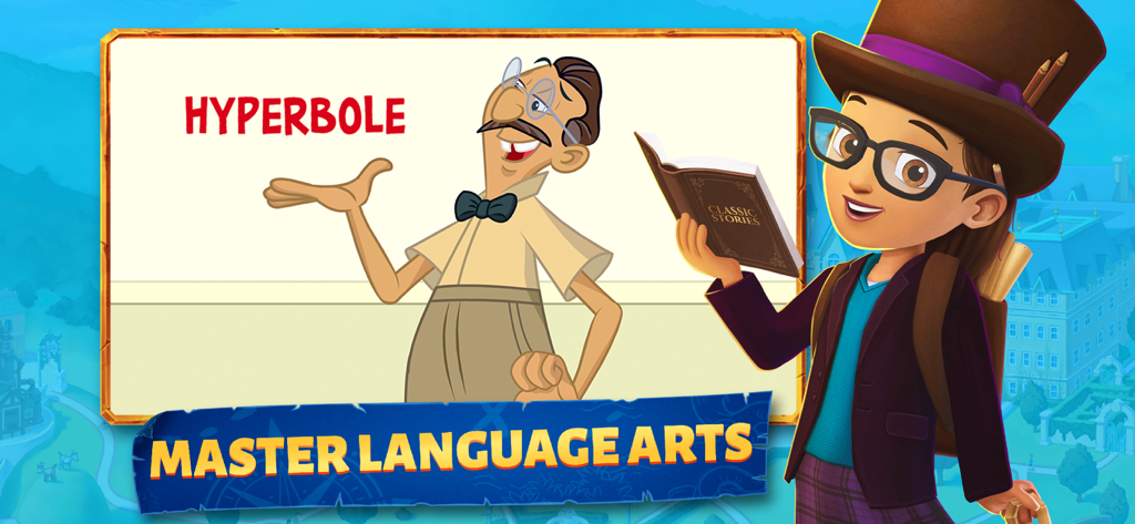 Adventure Academy - Personajes animados en Adventure Academy enseñando artes del lenguaje y el concepto de hipérbole.