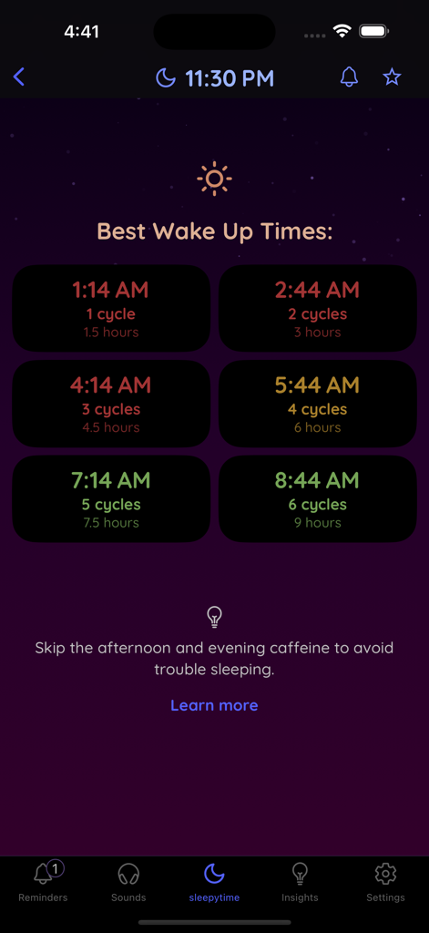 sleepytime calculator - The best wake up times interface in Sleepytime Calculator showing recommended alarm settings based on sleep cycles
