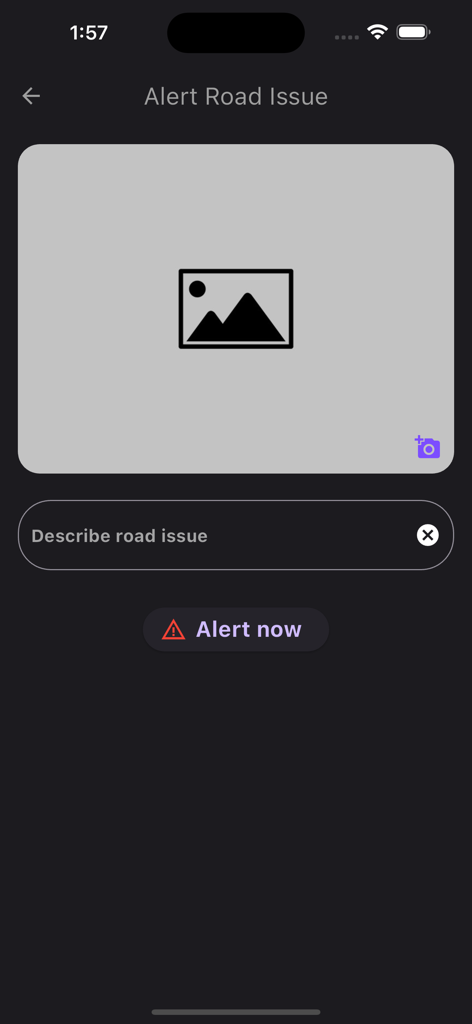 ROSMA - A screen in the ROSMA app for alerting road issues with a photo upload section and a text field to describe the problem.