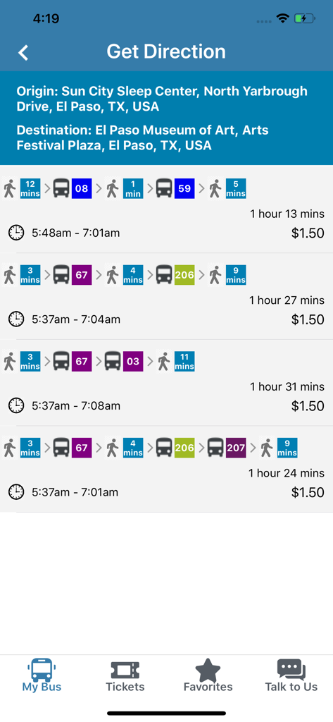 Ride Sun Metro - Ride Sun Metro app screen showing transit route options and trip durations in El Paso.