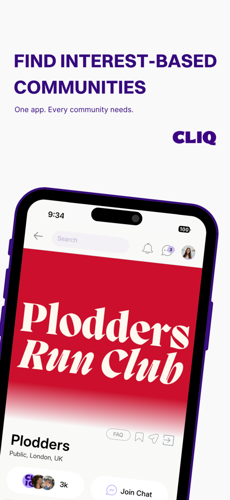 CLIQ App-Oberfläche, die eine interessenbasierte Community-Seite für einen lokalen Laufclub zeigt