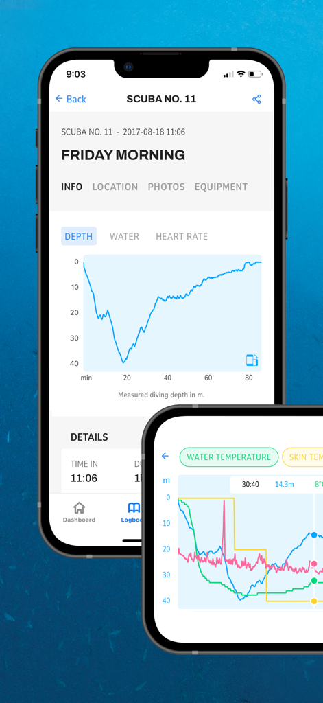 Aplicación de registro de buceo móvil que muestra perfiles de buceo detallados y gráficos de profundidad en un iPhone